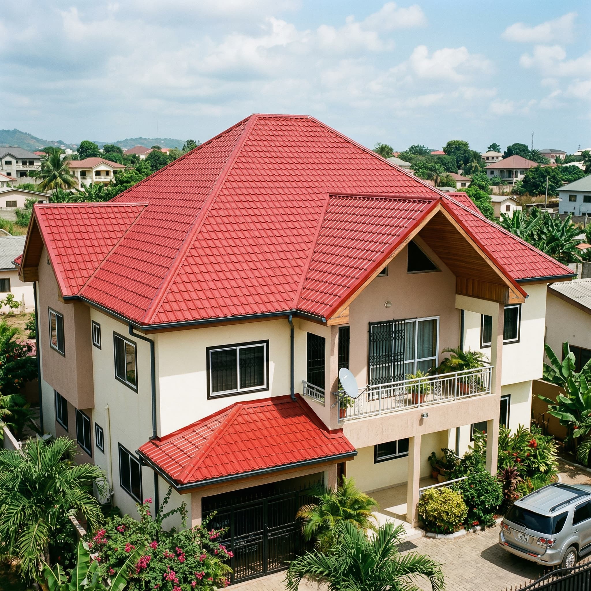 Kinkok Roofing - Premium roofing installation on luxury mansion in Accra, Ghana